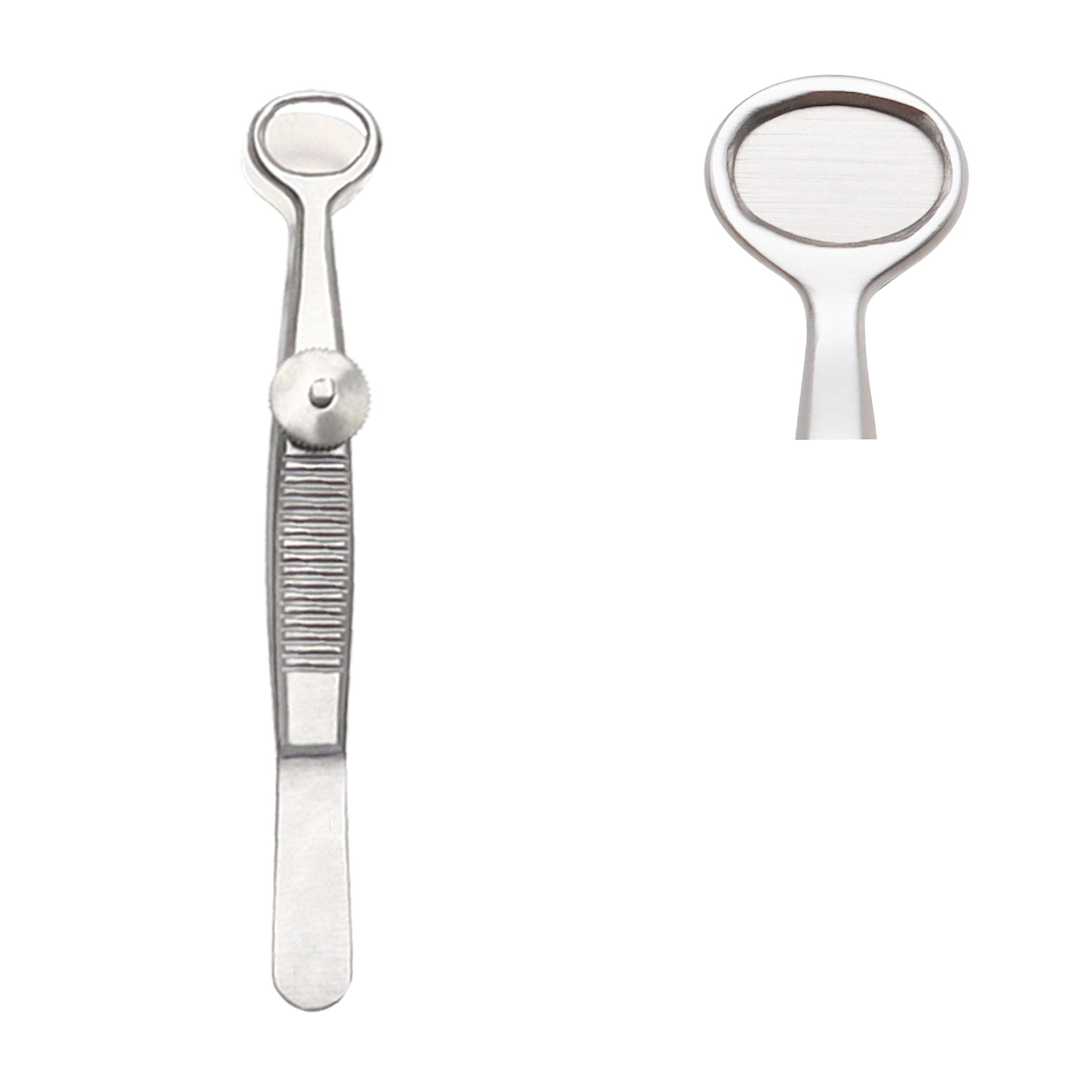 Stainless steel Desmarres chalazion forceps with an adjustable screw lock and oval ring blades, used for stabilizing the eyelid during surgical procedures.