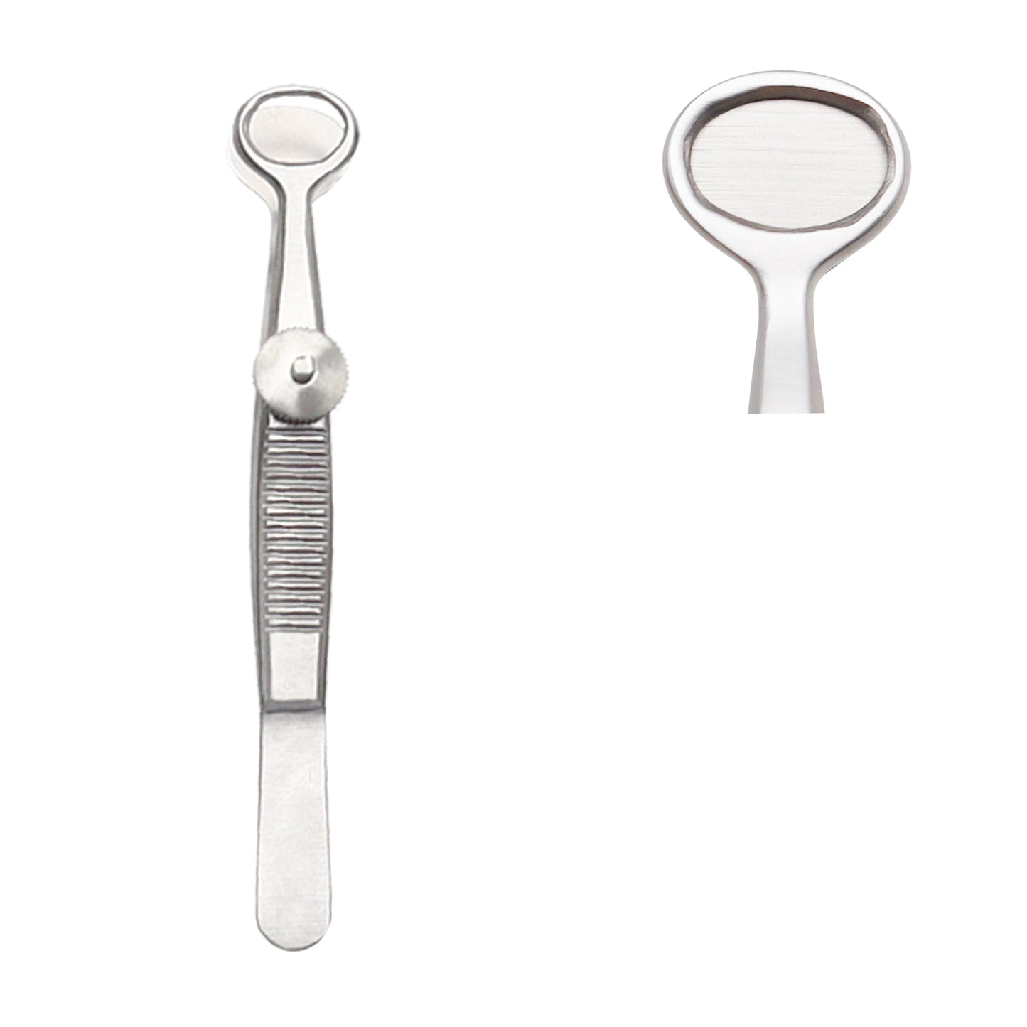 A set of stainless steel Desmarres chalazion forceps, featuring a solid oval plate and a fenestrated (open) ring, commonly used for minor eyelid surgery.
