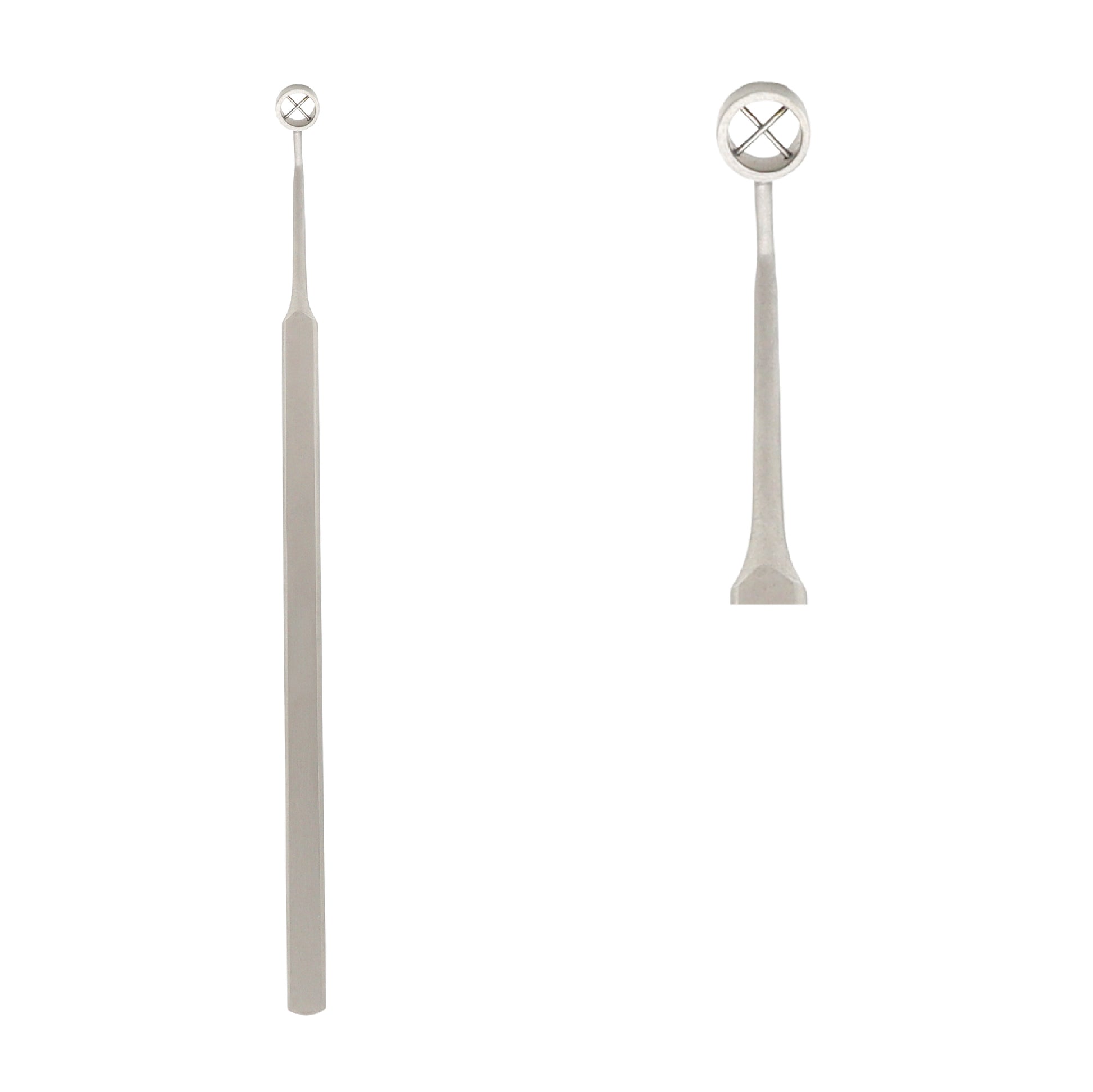 Stainless steel Desmarres eyelid retractor shown from front and side profiles against a white background.