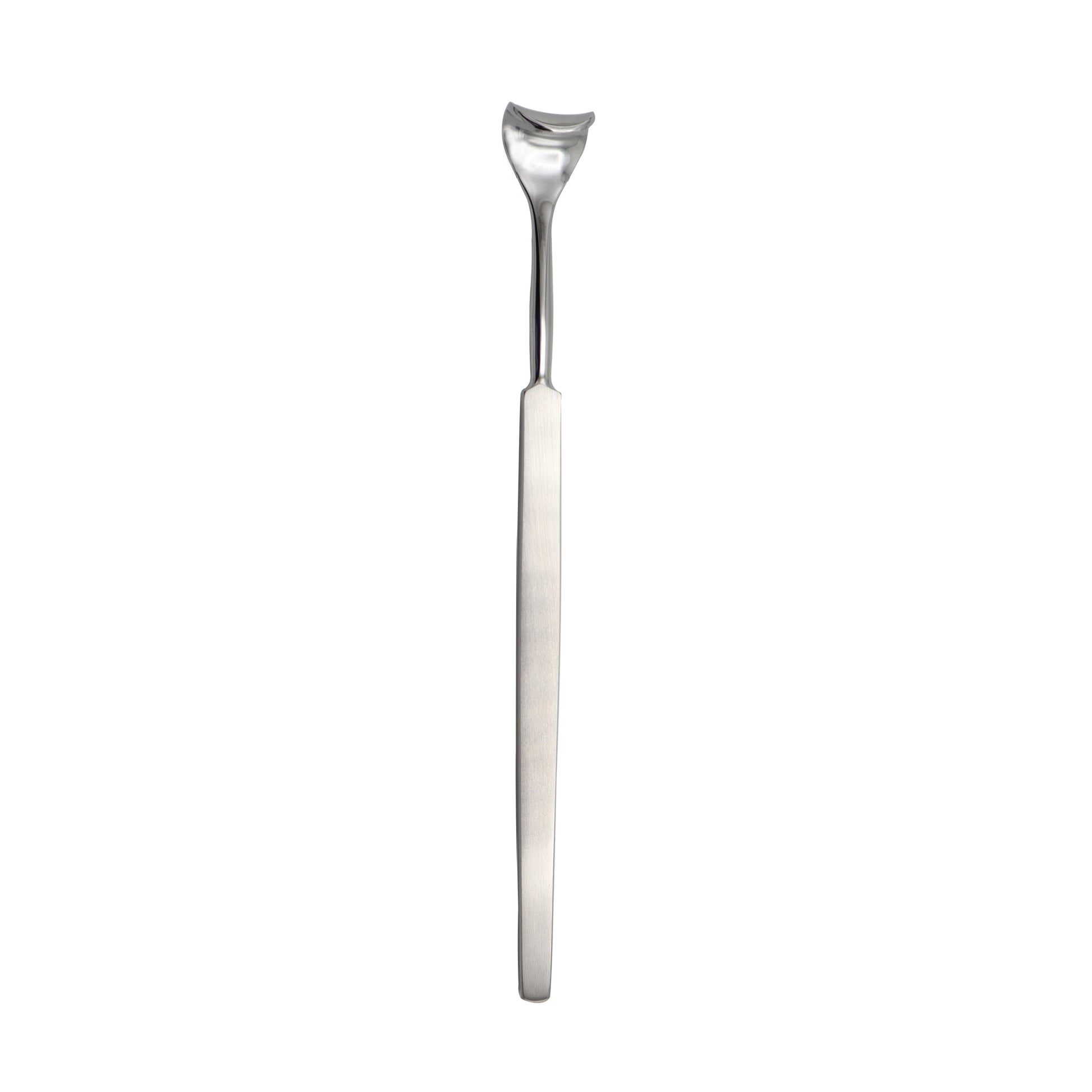 A stainless steel Desmarres Lid Retractor with a long flat handle and a curved, concave blade designed for eyelid retraction.
