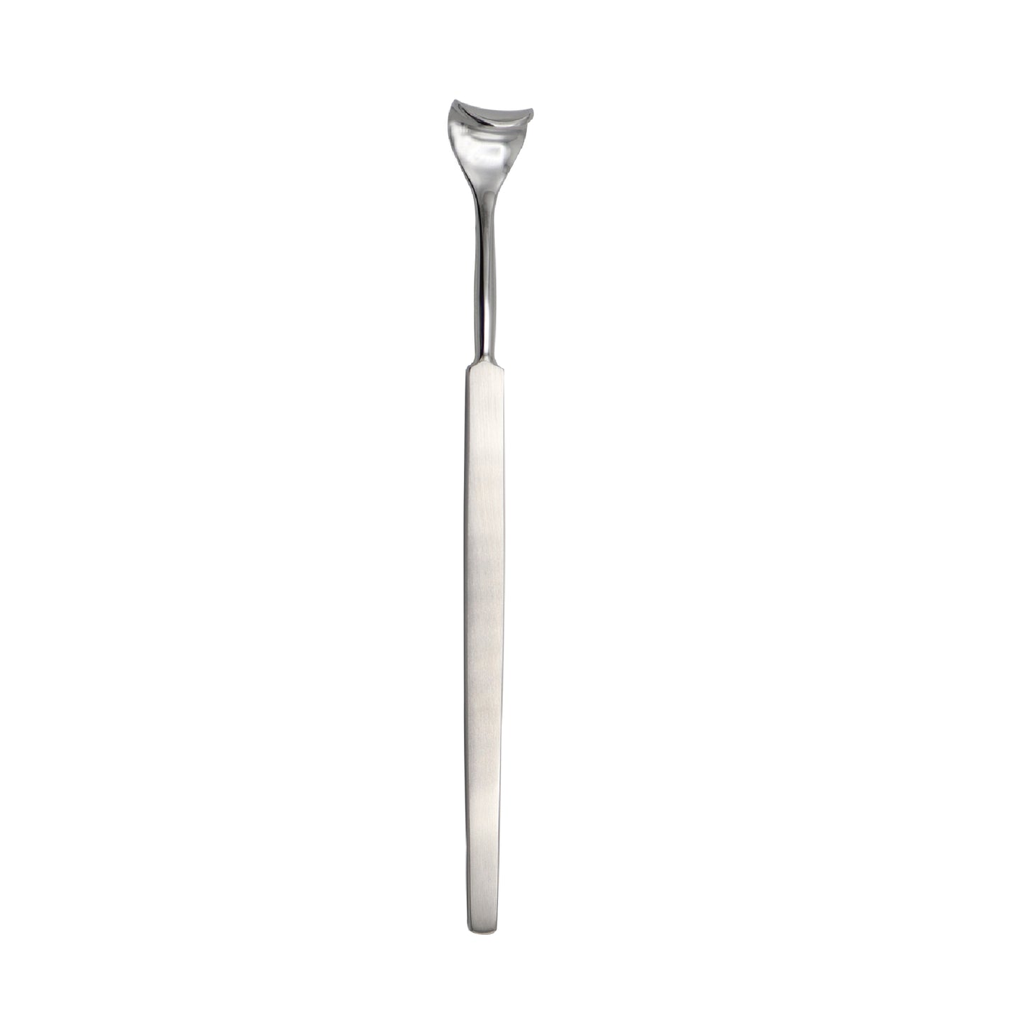 A surgical Desmarres Lid Retractor made of stainless steel, featuring a long, flat handle and a smooth, curved blade designed for retracting eyelids.