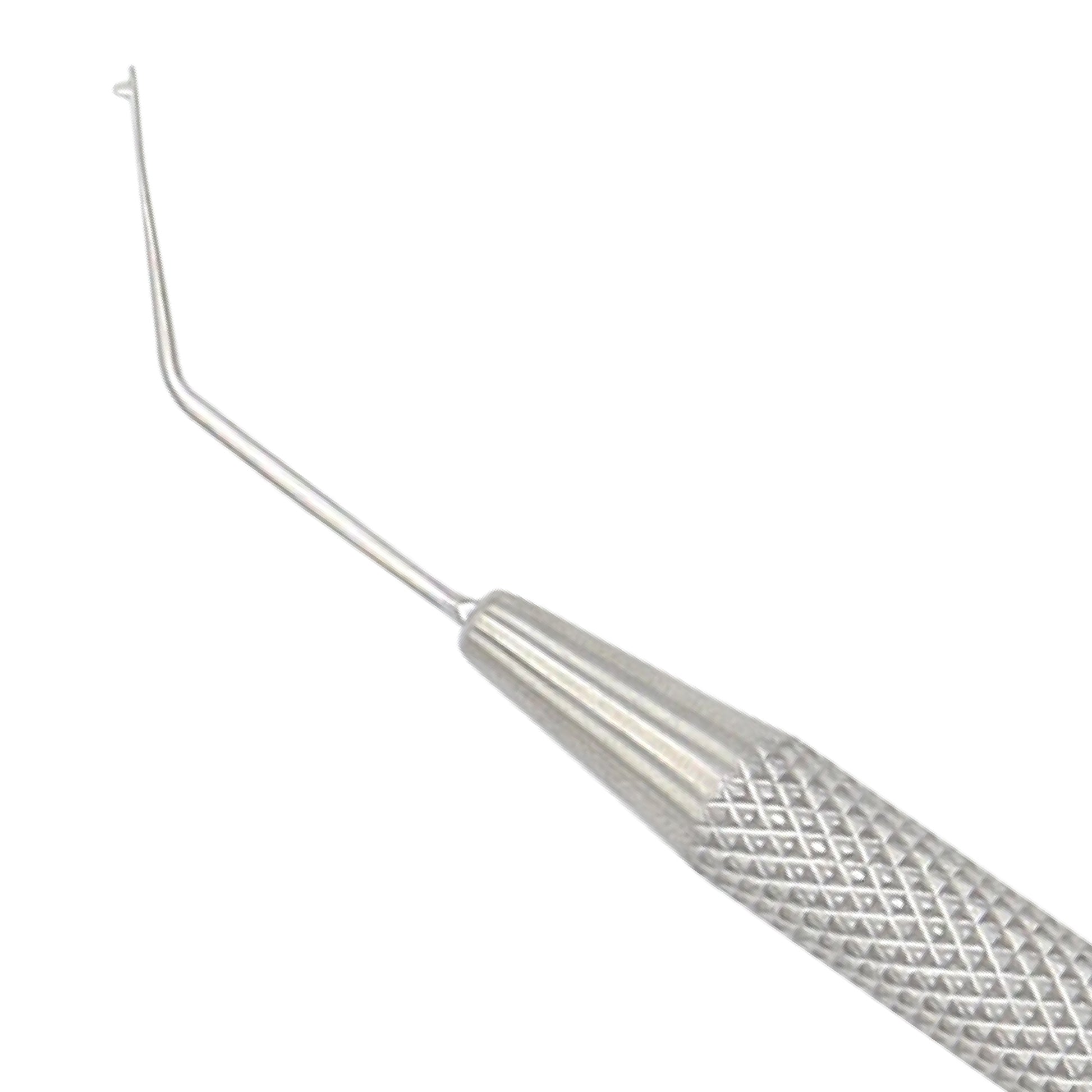 Single-ended DG16 endodontic dental explorer probe with a textured knurled handle on a solid white background.