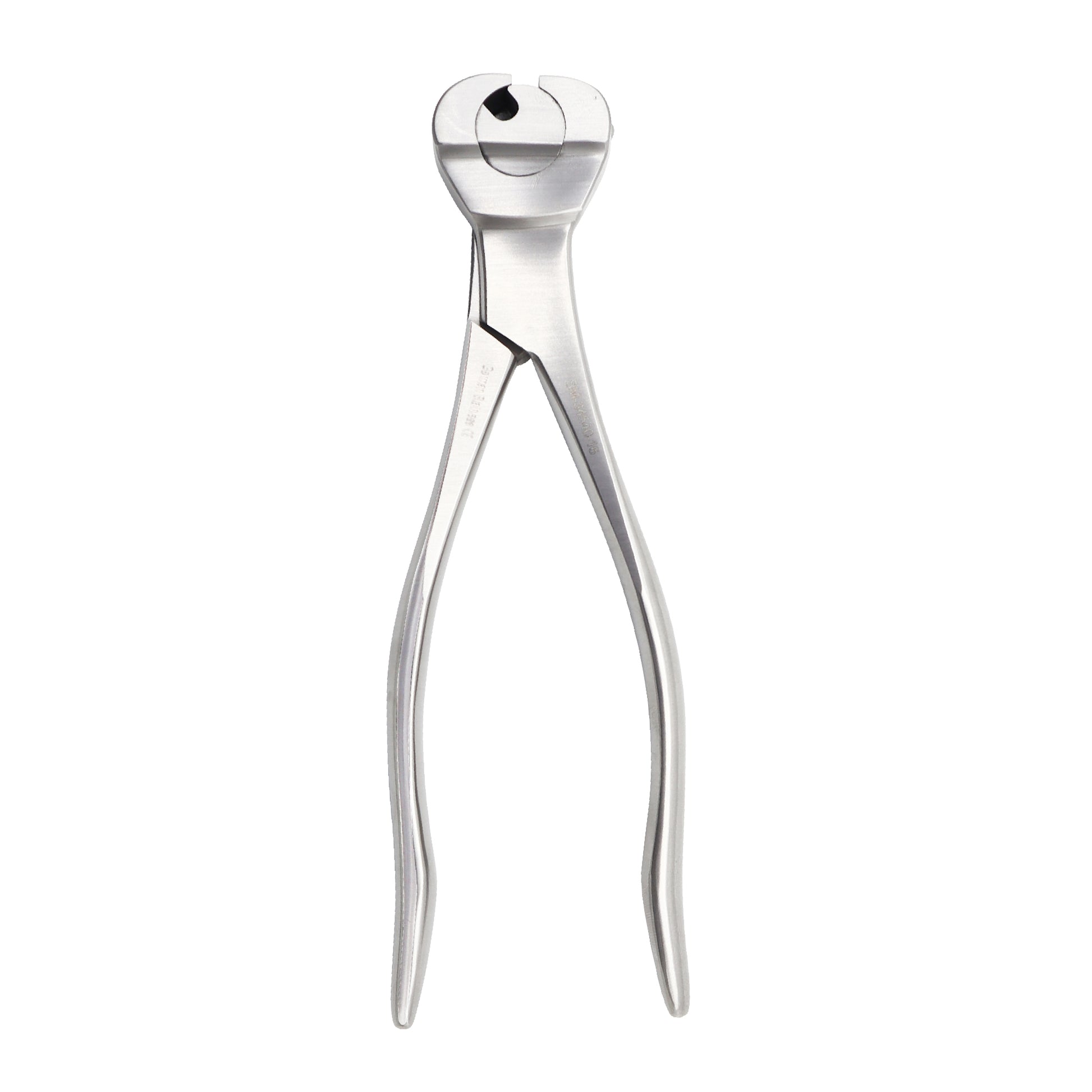 Orthopedic surgical instrument featuring a stainless steel diamond pin and wire cutter with a silver metallic finish, used for cutting pins and wires up to 3.2mm in surgical procedures.