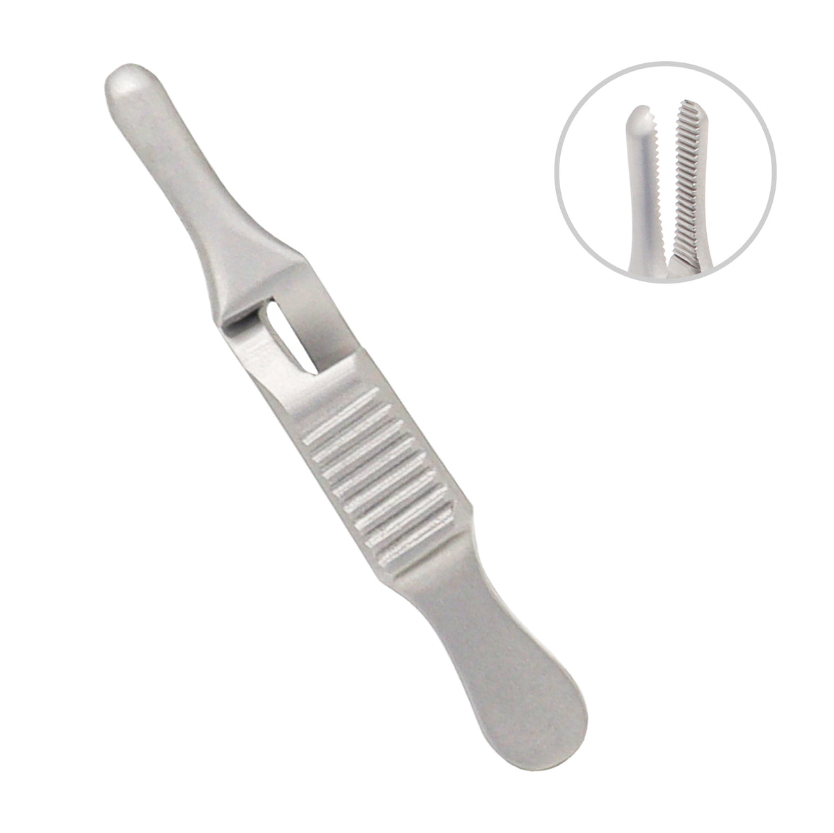 A stainless steel Dieffenbach serrefine bulldog clamp on a white background with a circular inset highlighting the internal jaw serrations.