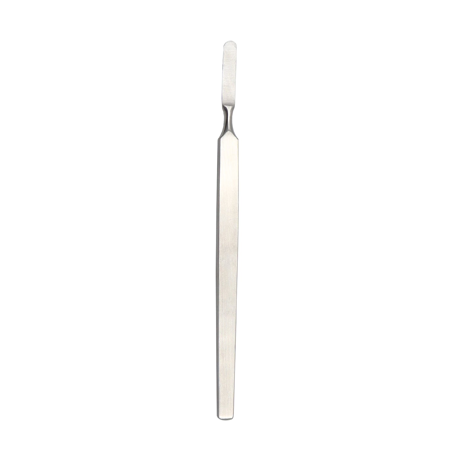 A vertical view of a Dieffenbach surgical scalpel made of polished stainless steel, featuring a long flat handle and a small fixed blade.