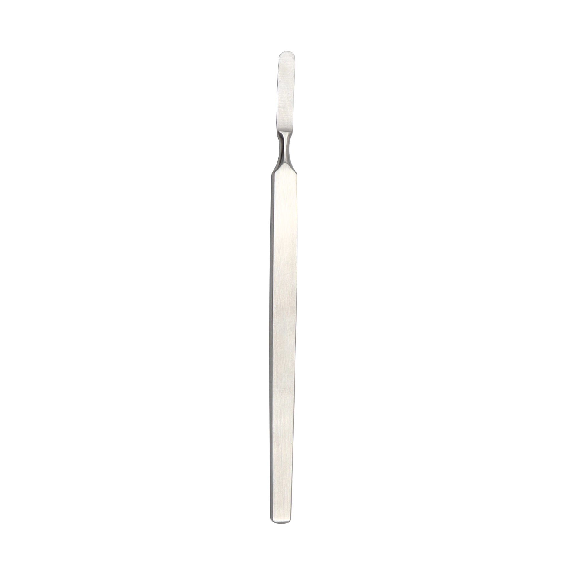 A vertical view of a Dieffenbach surgical scalpel made of polished stainless steel, featuring a long flat handle and a small fixed blade.
