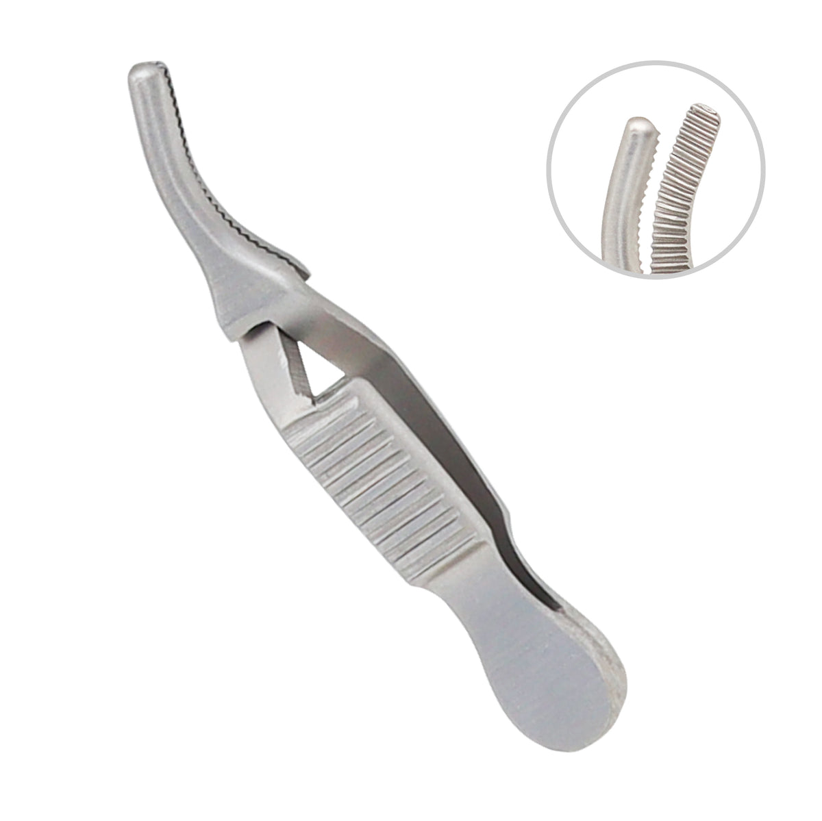 Silver Diethrich bulldog clamp with angled atraumatic serrated jaws and cross-action handle, shown on a white background with a zoomed-in inset circle highlighting the jaw pattern.