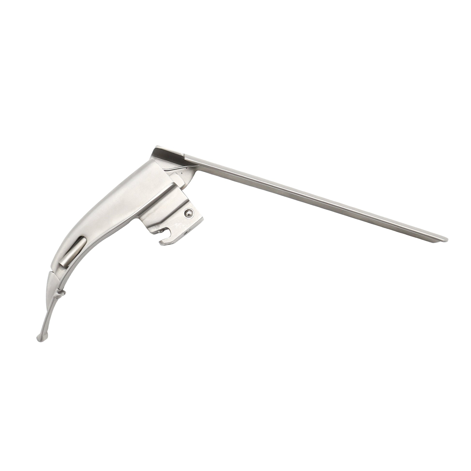 A stainless steel McCoy laryngoscope blade with a curved profile and a hinged, articulating tip for airway management.