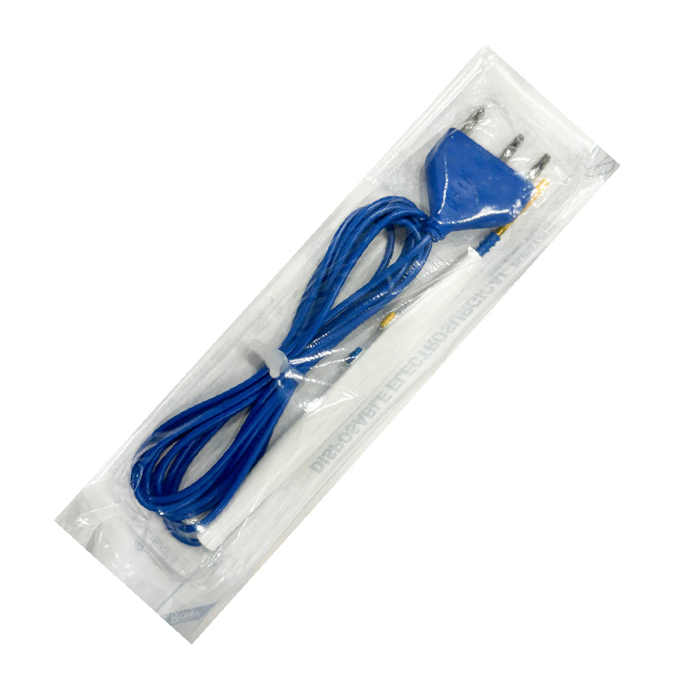 A disposable white electrosurgical pencil with a blue cable and a standard 3-pin plug, sealed in clear, sterile plastic packaging.