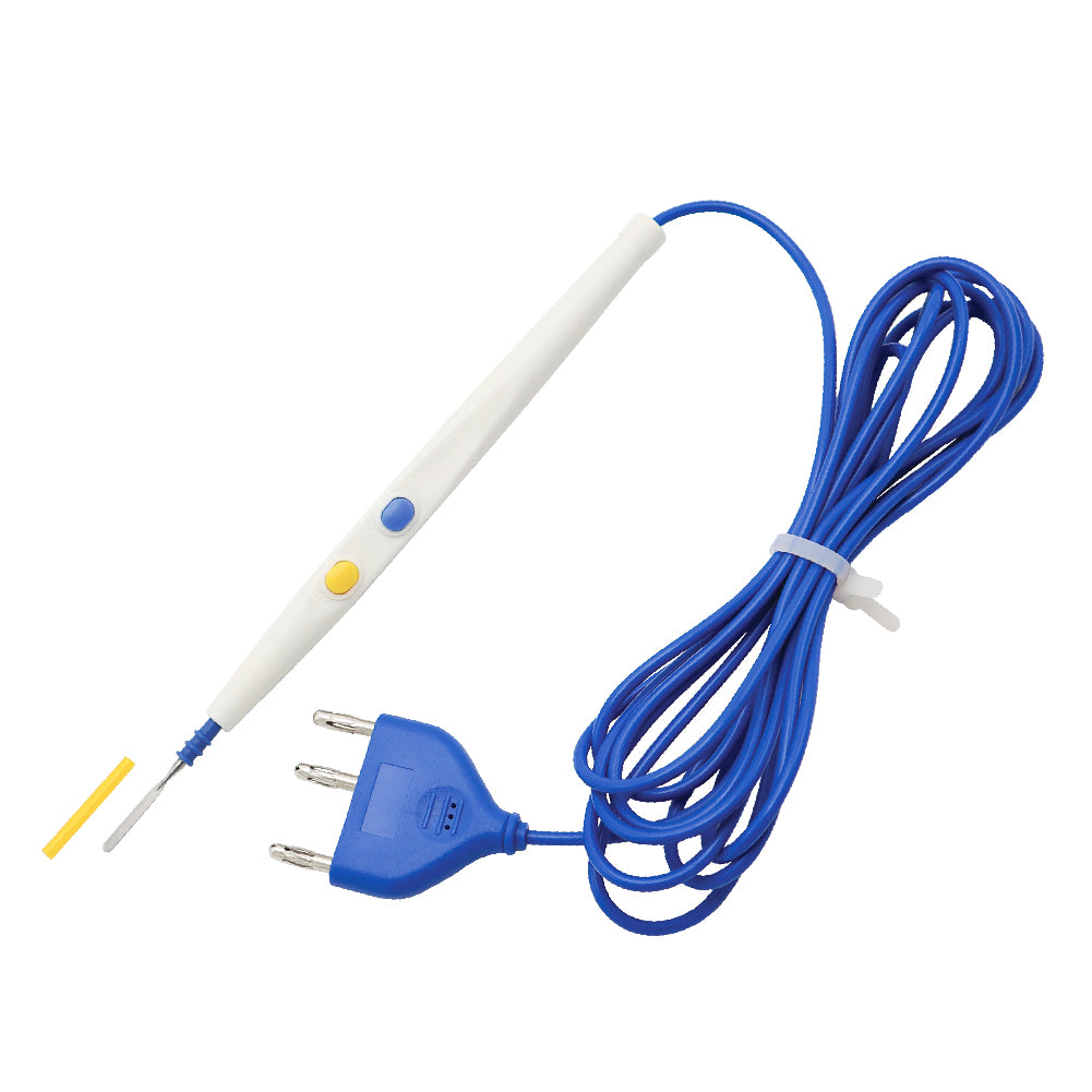 A disposable electrosurgical pencil with yellow and blue control buttons, a stainless steel blade electrode, and a 3-pin blue connector plug with coiled cable.