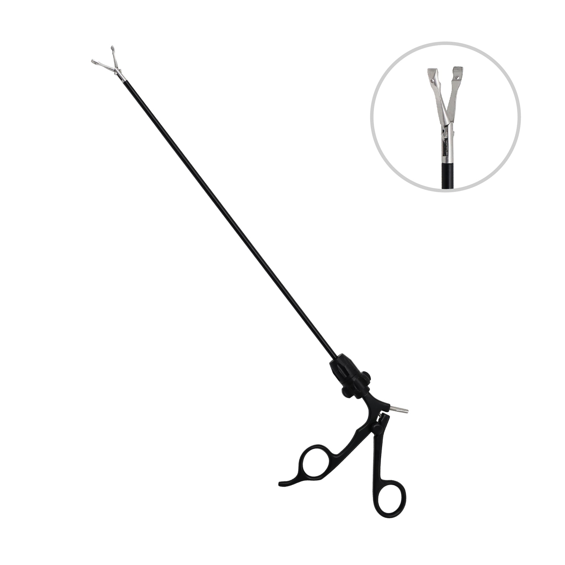Laparoscopic grasping forceps with a 5mm insulated shaft, double-action scissor handles, and an inset detail view showing the open articulating jaws.
