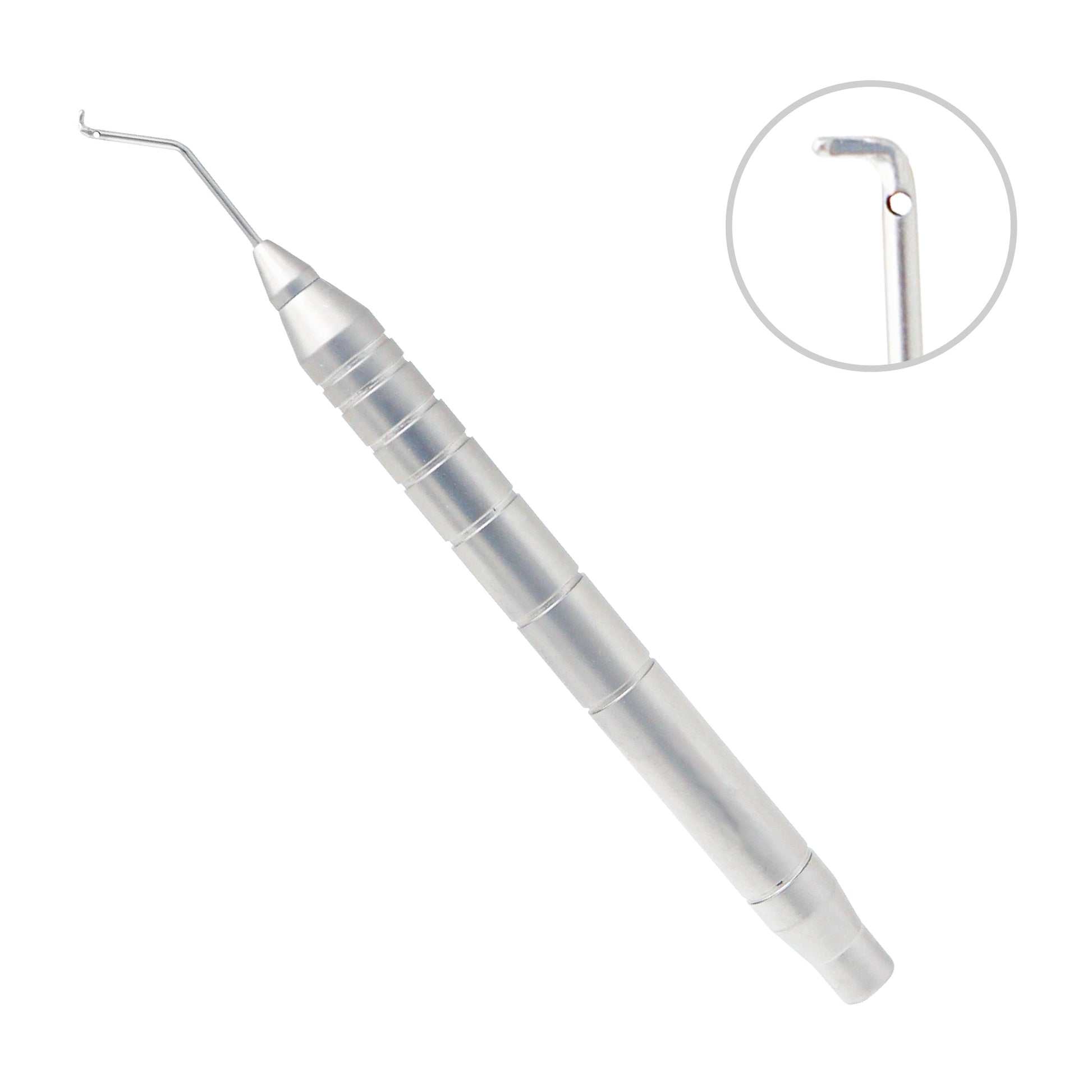 Stainless steel dental composite instrument showing a plugger tip on the left and an angled spatula paddle tip on the right.