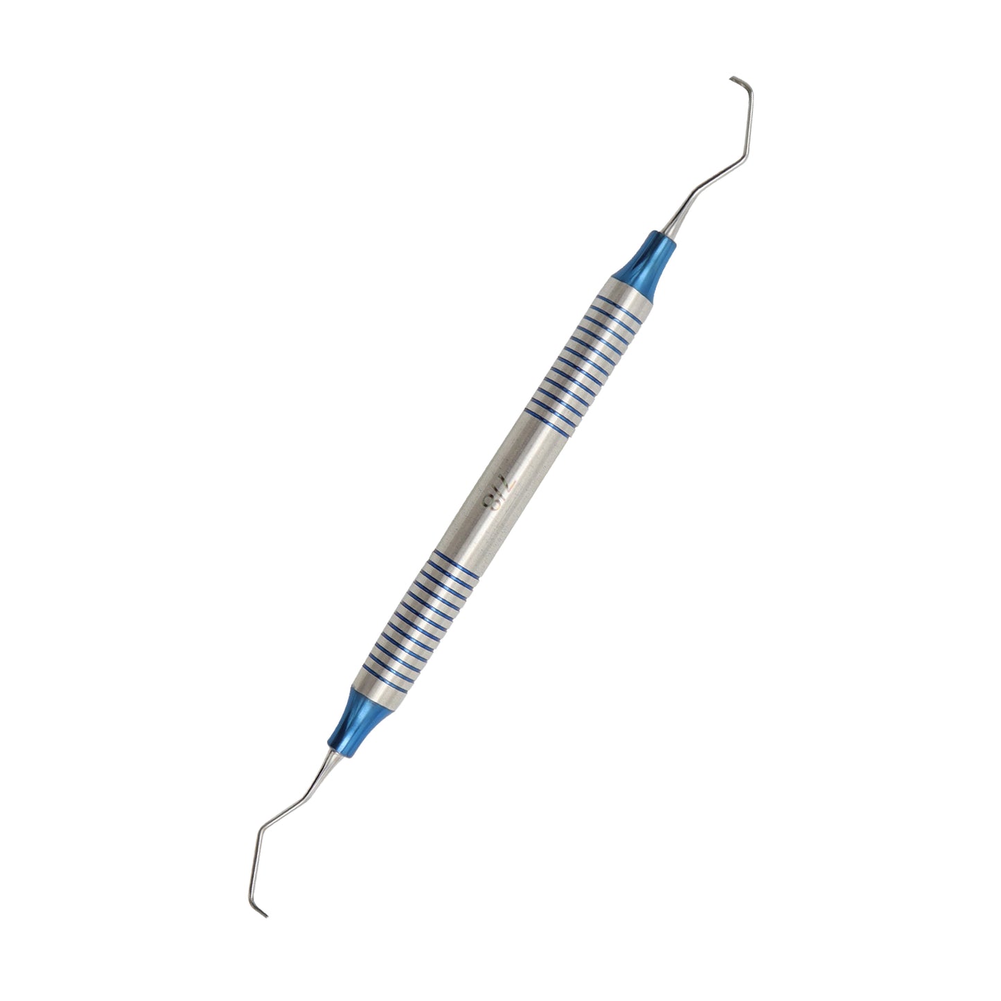 Stainless steel double-ended dental curette with blue titanium tips on a clean white background.