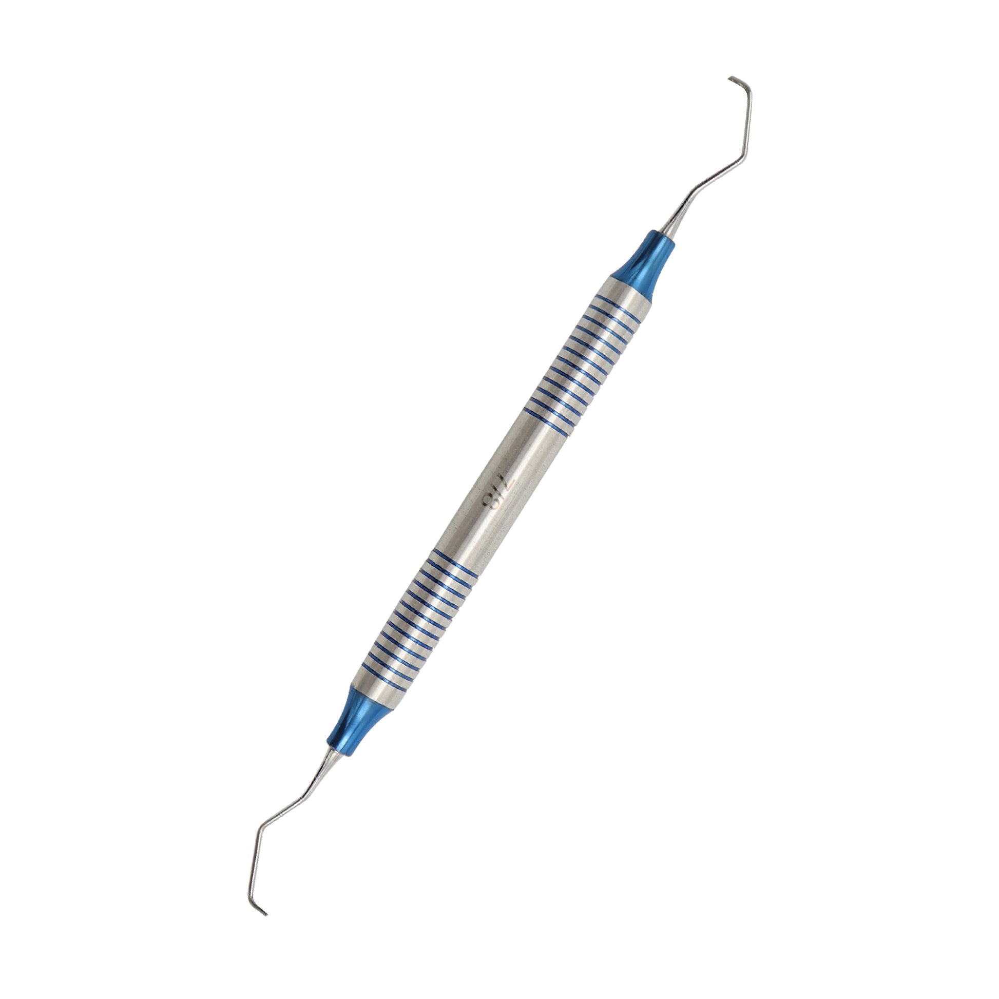 Stainless steel double-ended dental curette with blue titanium tips on a clean white background.