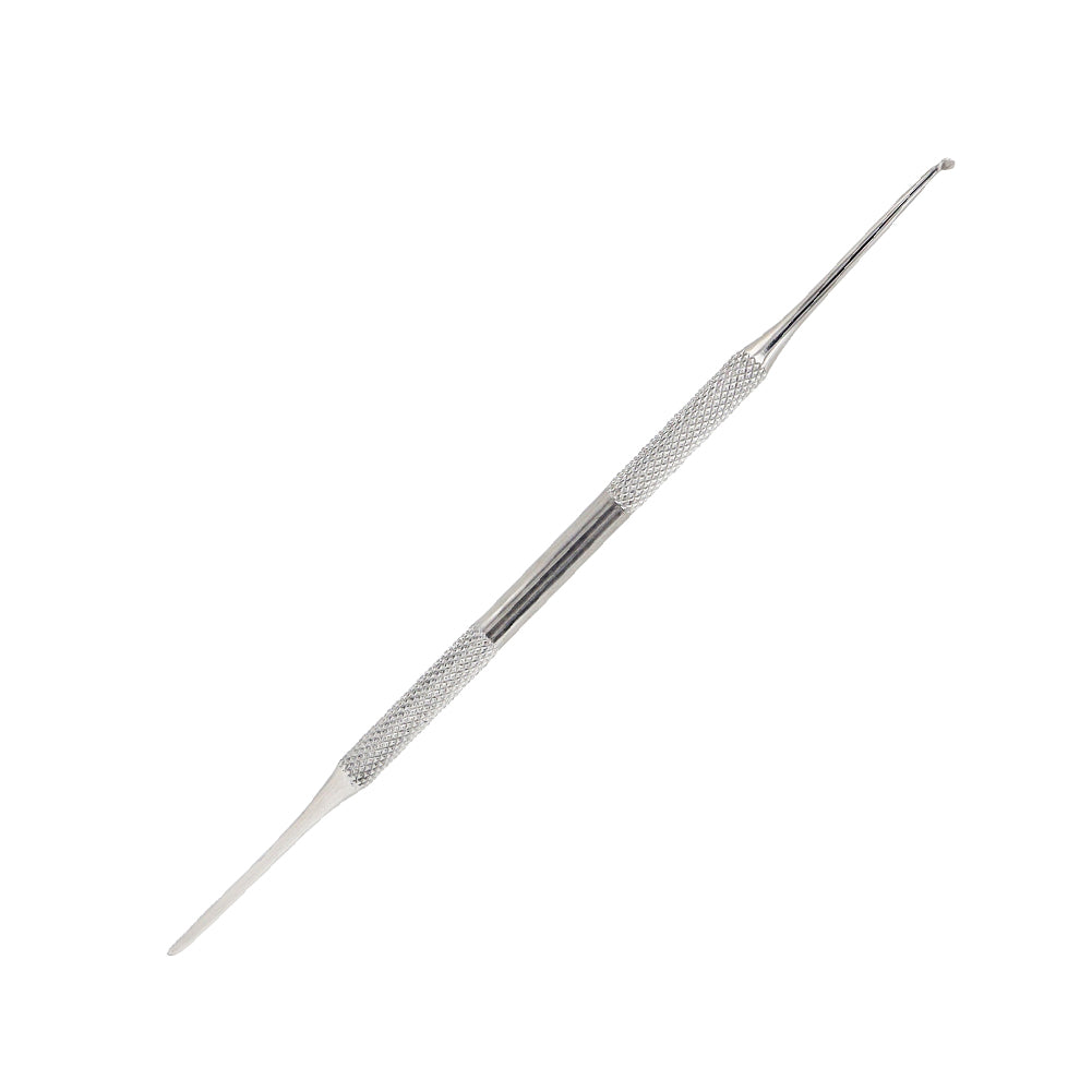 Double-ended stainless steel dental excavator and diagnostic probe tool with a knurled grip handle.