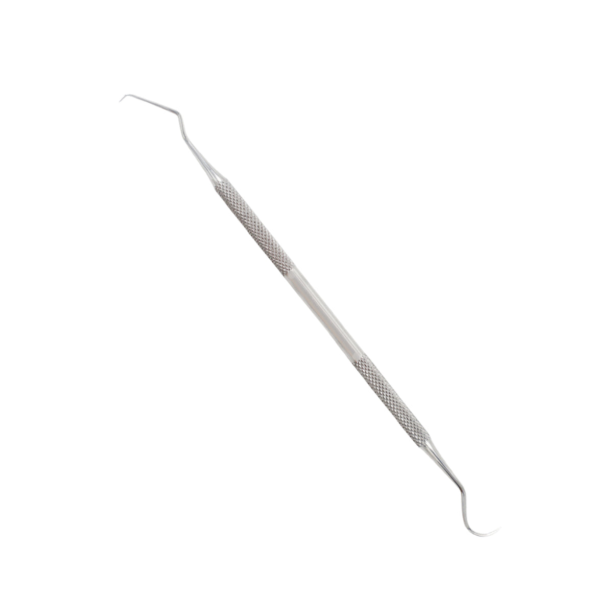 Double-ended stainless steel dental explorer diagnostic probe with a textured handle and curved pick tips for cavity and tartar detection.
