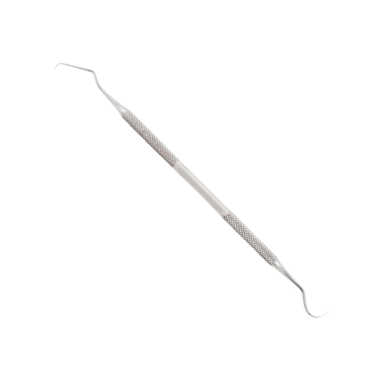 Stainless steel double-ended dental explorer instrument used by dentists to locate calculus and check margins, featuring a textured grip handle and unique curved probe ends.