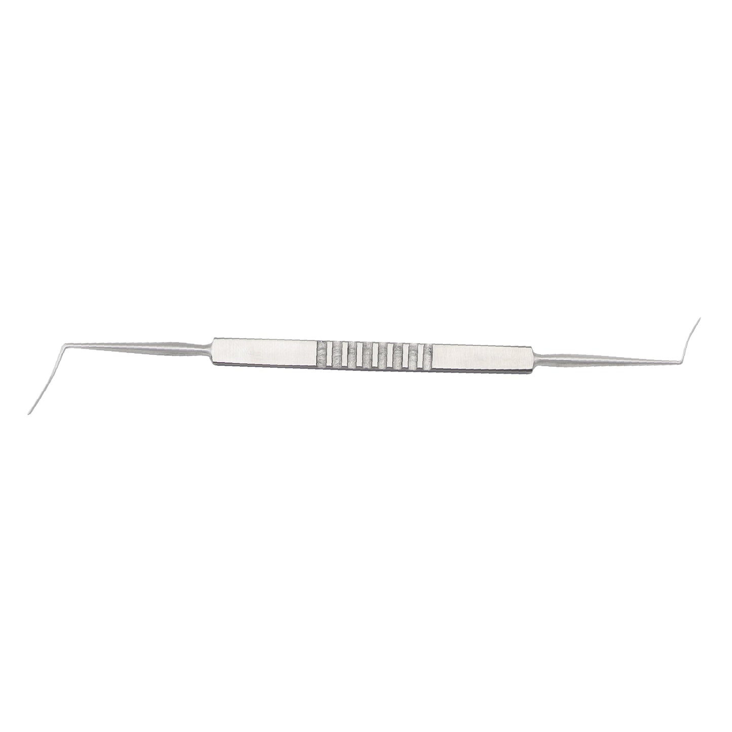 Stainless steel double-ended dental explorer instrument with a textured knurled handle on a white background.