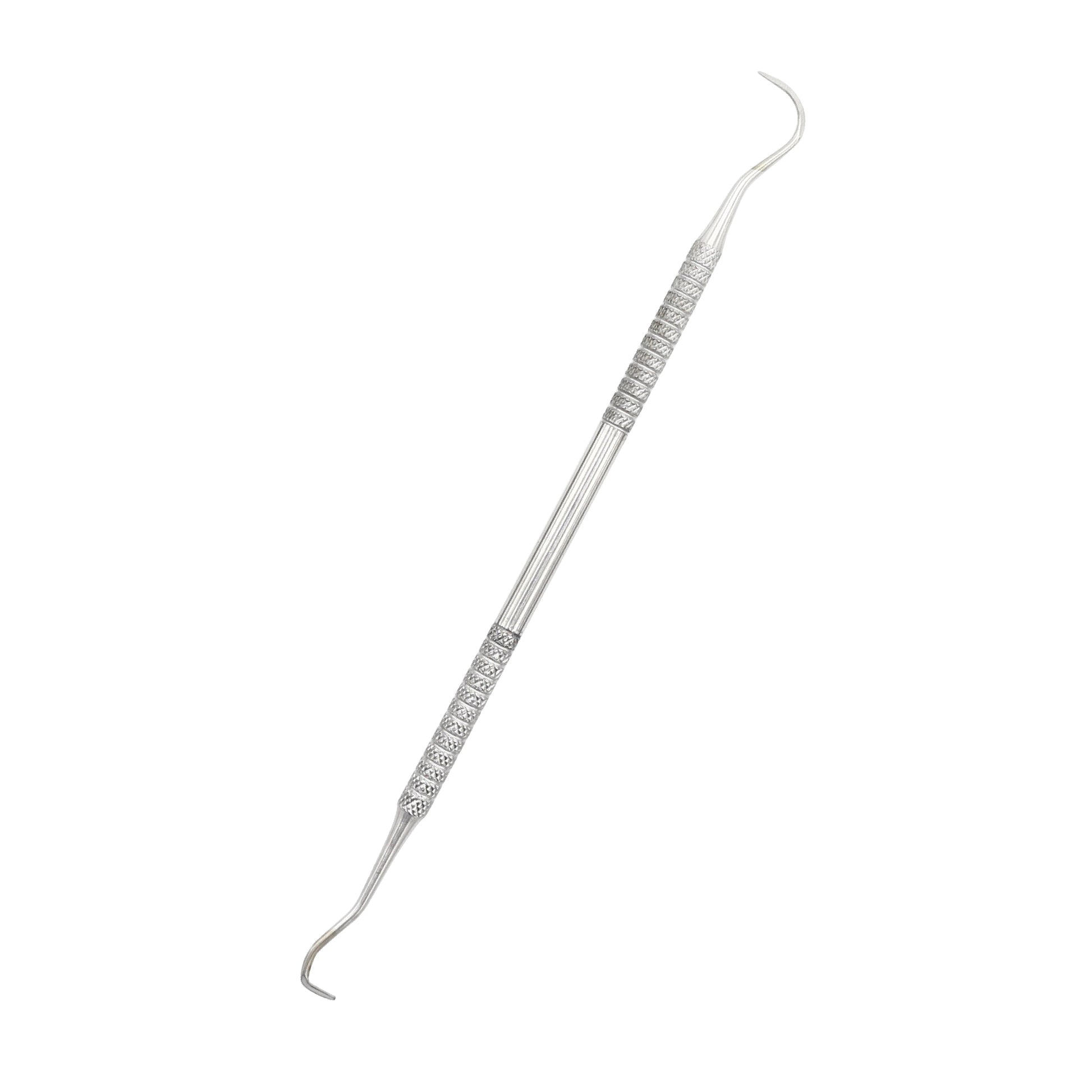 Double-ended stainless steel dental explorer diagnostic probe with a textured non-slip grip handle isolated on a white background.