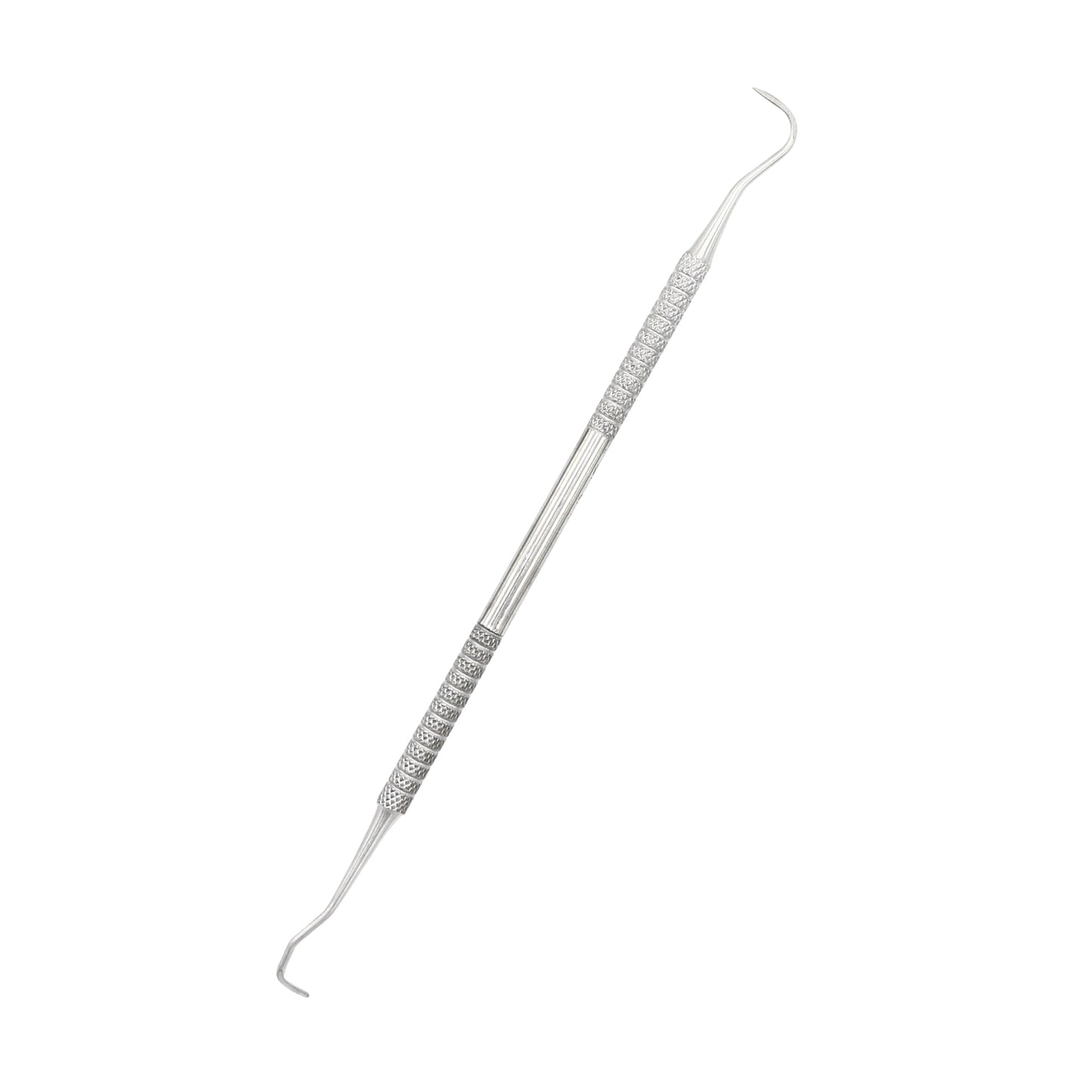 Double-ended stainless steel dental explorer probe instrument with a textured non-slip grip handle on a solid white background.
