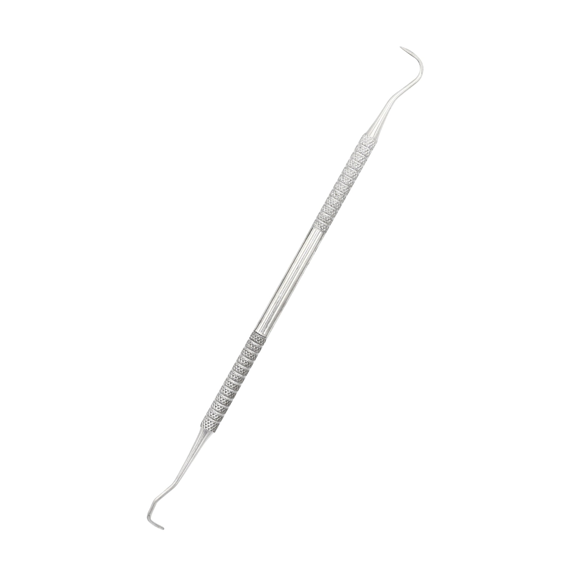 Double-ended stainless steel dental explorer probe instrument with a textured non-slip grip handle on a solid white background.