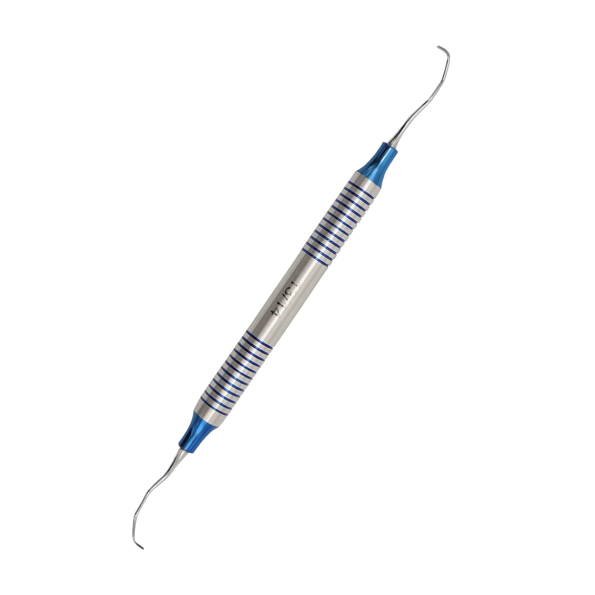 Double-ended dental hygiene explorer scaler with curved blue titanium-coated tips and a grooved hollow metal handle.