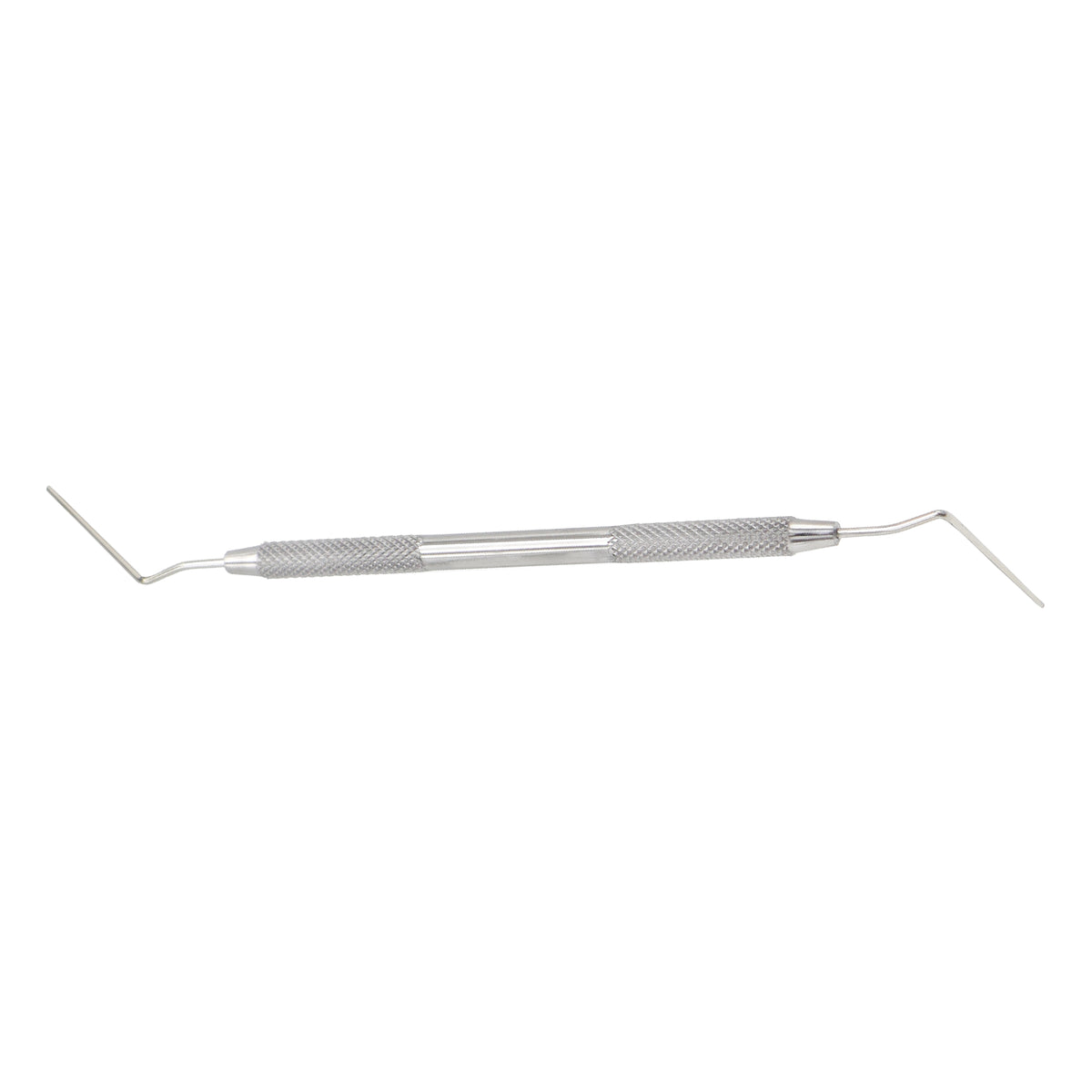Double-ended stainless steel dental expro instrument featuring a textured grip handle, a sharp angled dental explorer on one end, and a graduated periodontal probe tip on the other.