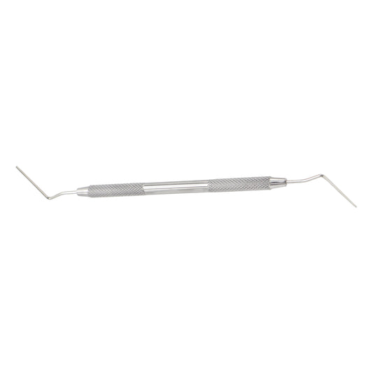 Double-ended stainless steel dental expro instrument featuring a textured grip handle, a sharp angled dental explorer on one end, and a graduated periodontal probe tip on the other.