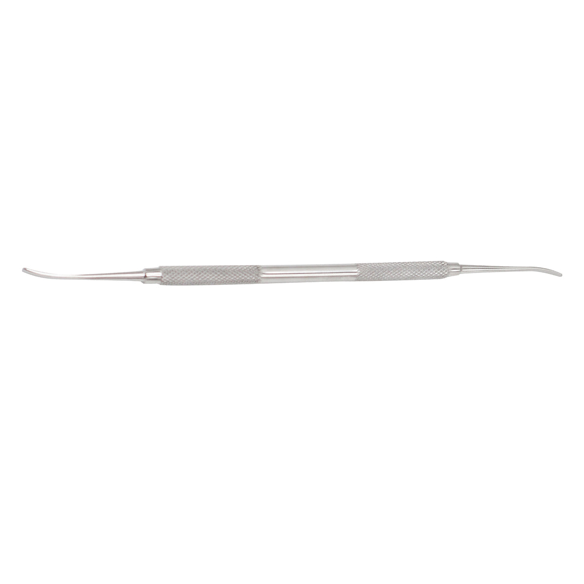 Double-ended stainless steel periodontal curette dental scaler with textured grip handle.