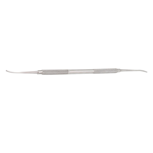 Double-ended stainless steel periodontal curette dental scaler with textured grip handle.