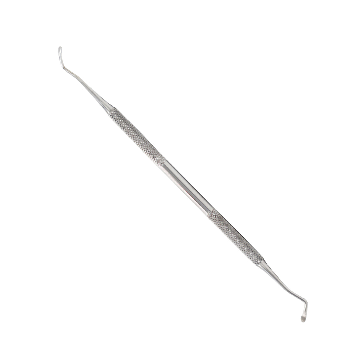 Stainless steel double-ended dental hand instrument with a textured knurled grip handle, featuring sharp curved diagnostic scaler and explorer tips on a white background.