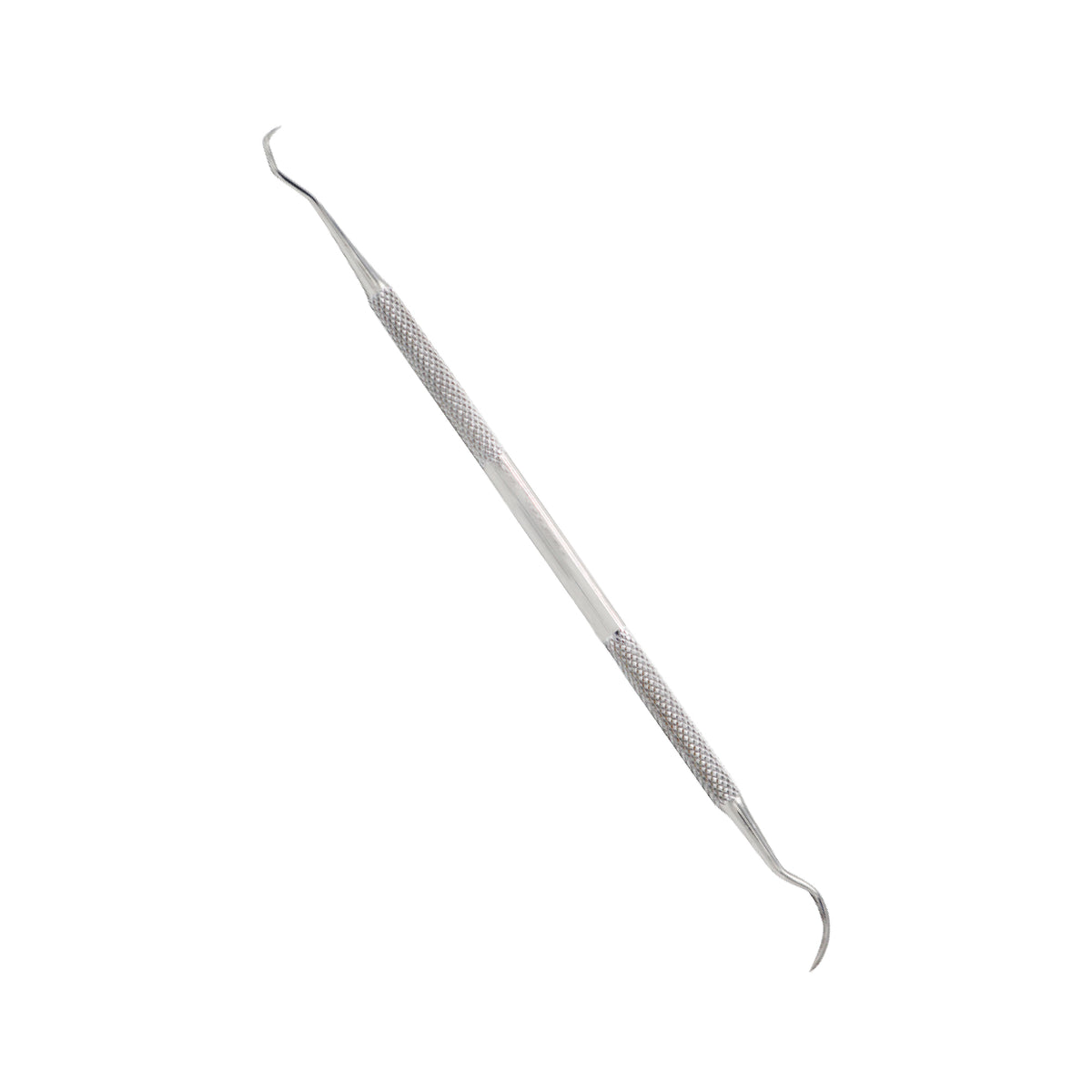 A double-ended stainless steel dental instrument with a knurled grip handle, featuring a sharp, curved hook tip on one end and a slightly angled sickle blade tip on the opposite end, isolated against a white background.