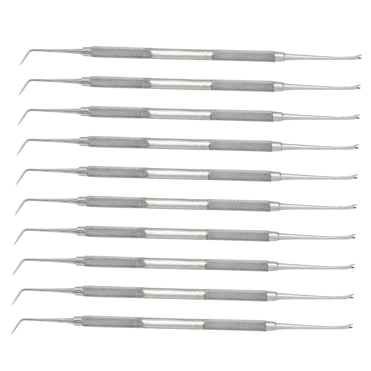 Set of ten stainless steel double-ended dental hand instruments with knurled grips, featuring a pointed pick on one end and a fork-shaped tip on the other.