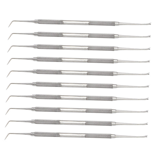 Set of ten stainless steel double-ended dental hand instruments with knurled grips, featuring a pointed pick on one end and a fork-shaped tip on the other.