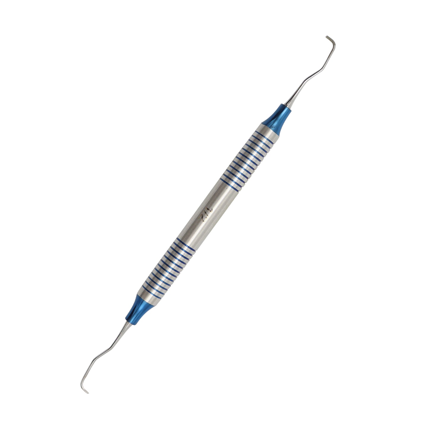 Professional dental hygiene instrument featuring dual curved sickle scaler tips with blue plasma coating and a textured grip handle.