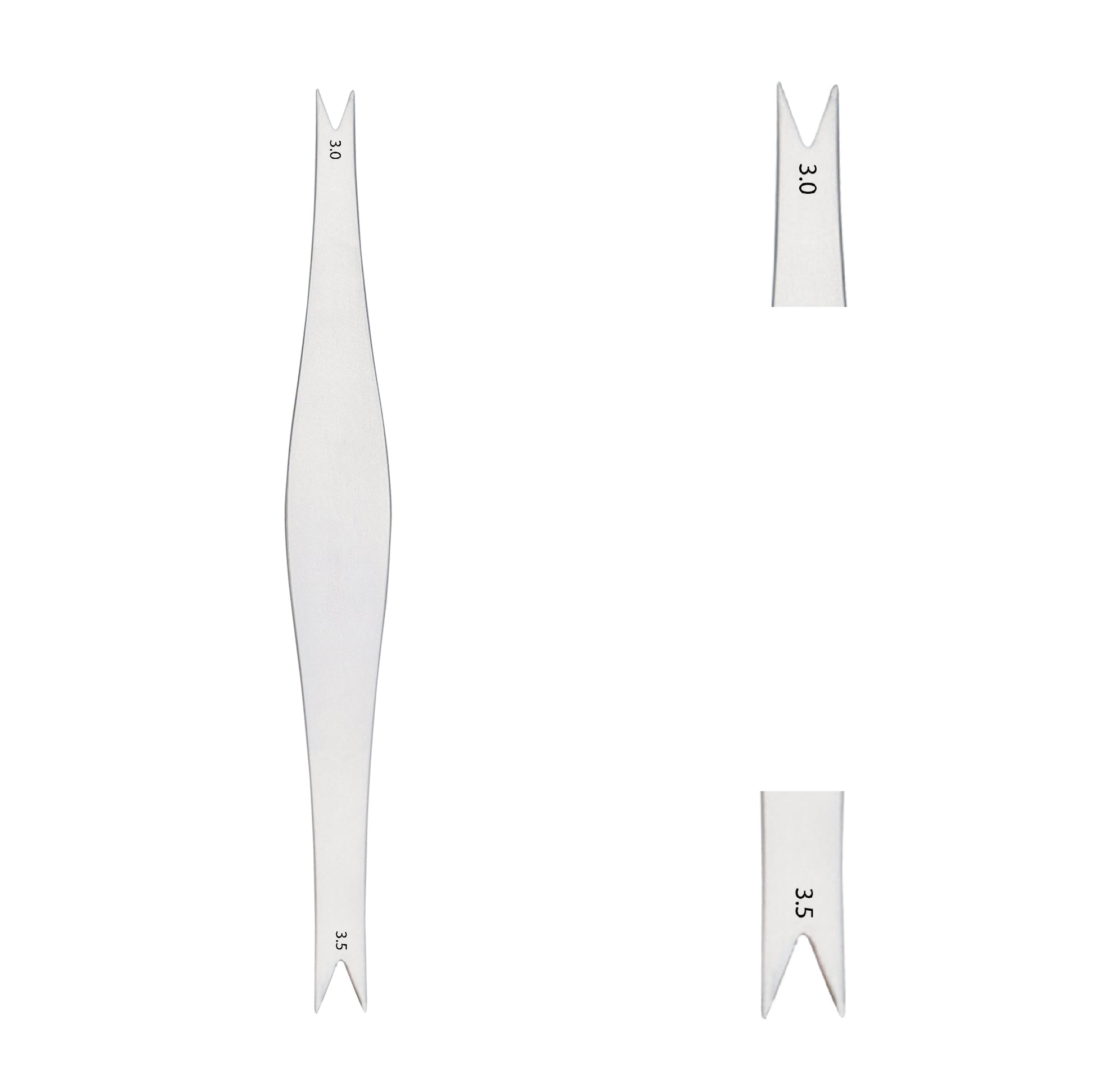 Double-ended dental surgical wedge and depth gauge instrument with notched ends against a white background.