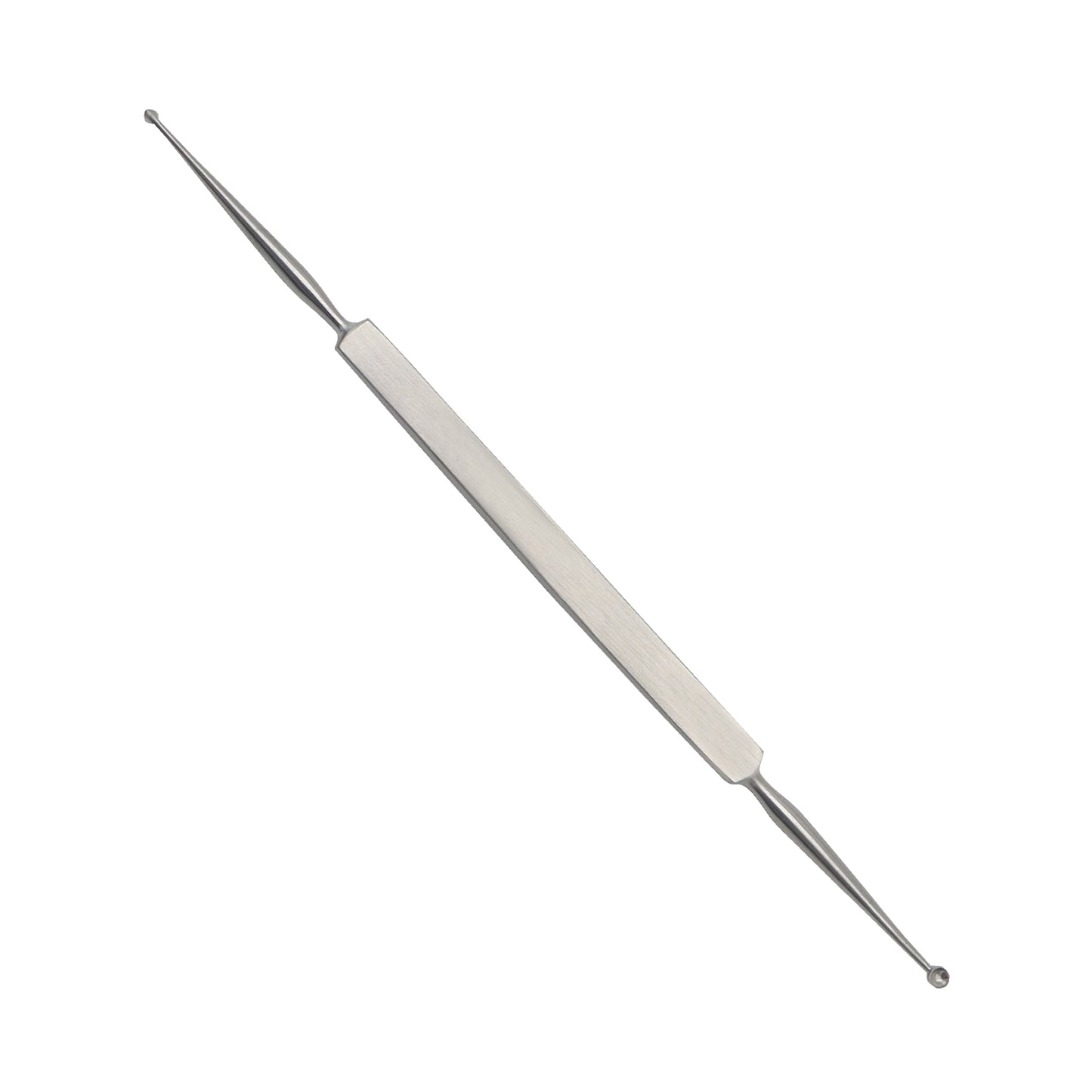 A double-ended stainless steel medical instrument with a flat rectangular handle and two tapered, spherical tips of slightly different sizes.
