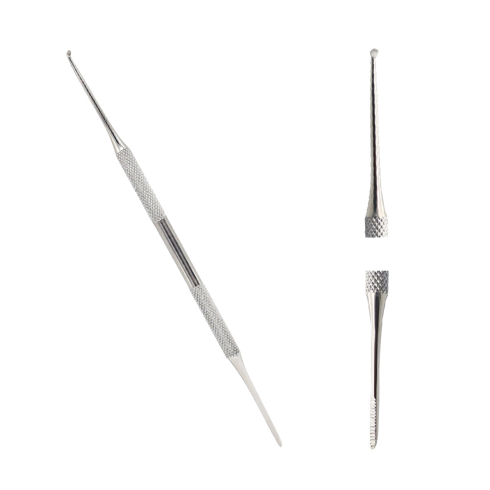 Stainless steel double-ended surgical bone curette tool with knurled handle and close-up views of the scoop ends.