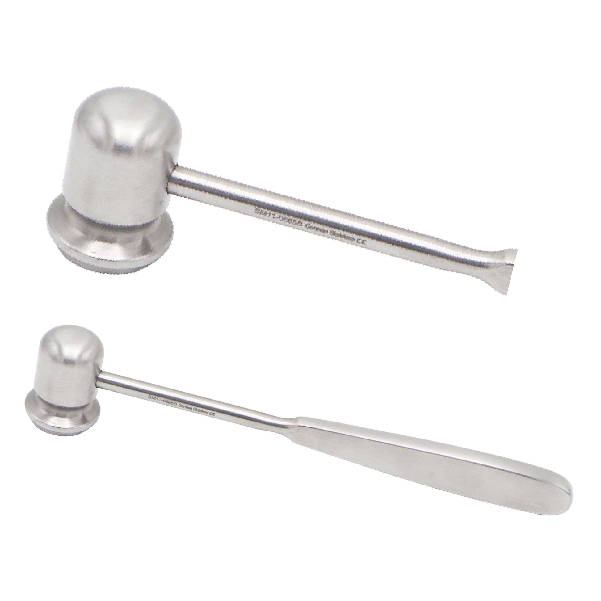 Stainless steel Doyen bone mallet with a bullet-shaped head and a flat handle, shown from two different angles on a white background.