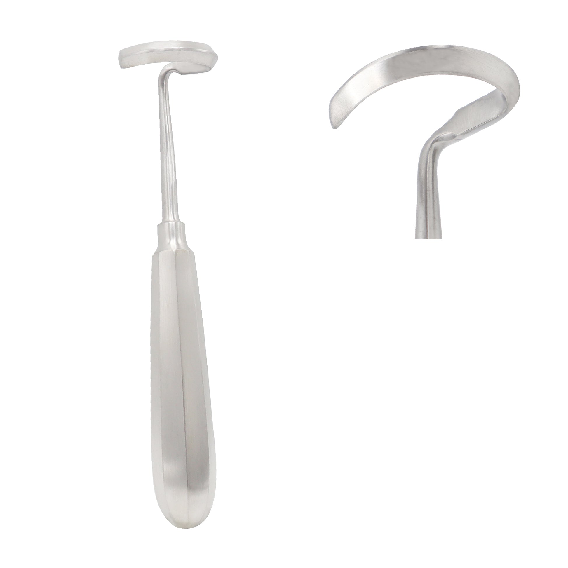 Doyen rib elevator and raspatory surgical instrument with a curved left hook blade and ergonomic stainless steel handle, shown from a front and side profile on a clean white background.