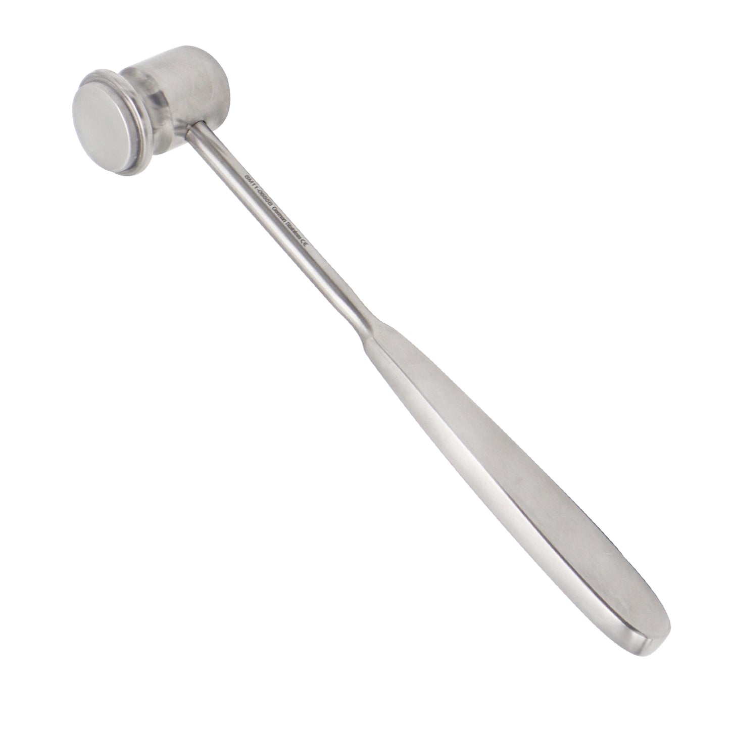 Side angle view of a solid stainless steel Doyen surgical mallet on a clean white background.