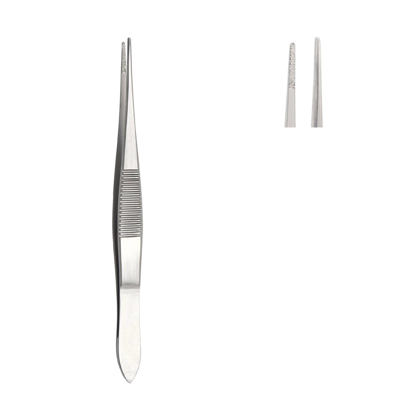 A pair of straight, stainless steel medical dressing forceps with serrated tips and a textured grip area on the handle.