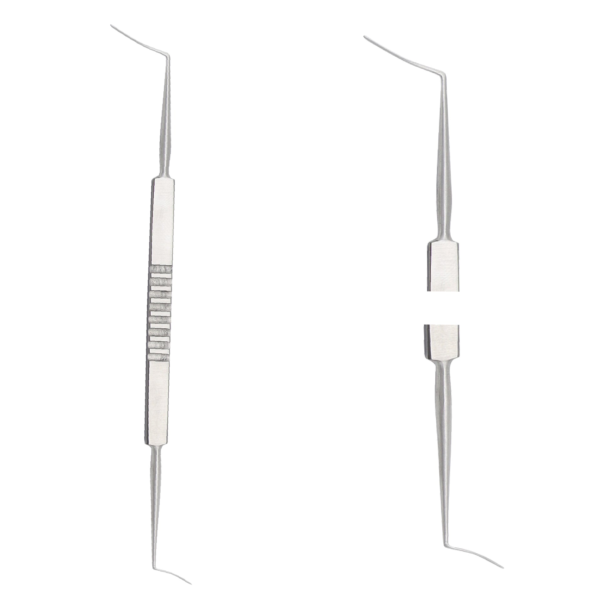 A stainless steel dual-ended dental explorer probe alongside its detached component parts on a clean white background.