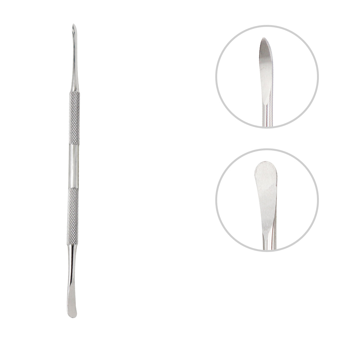 Dual-ended stainless steel cuticle pusher and remover knife tool on a white background, featuring close-up circular inset cutouts showing the rounded spoon end and the angled scraper blade.