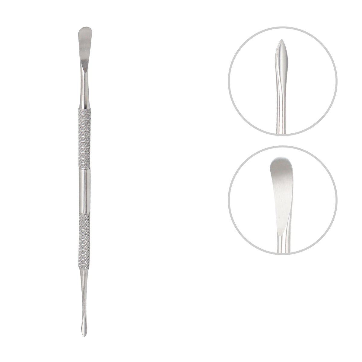 Dual ended stainless steel cuticle pusher and scraper tool with textured grip and close up detail views of the pointed tip and rounded spoon edge.