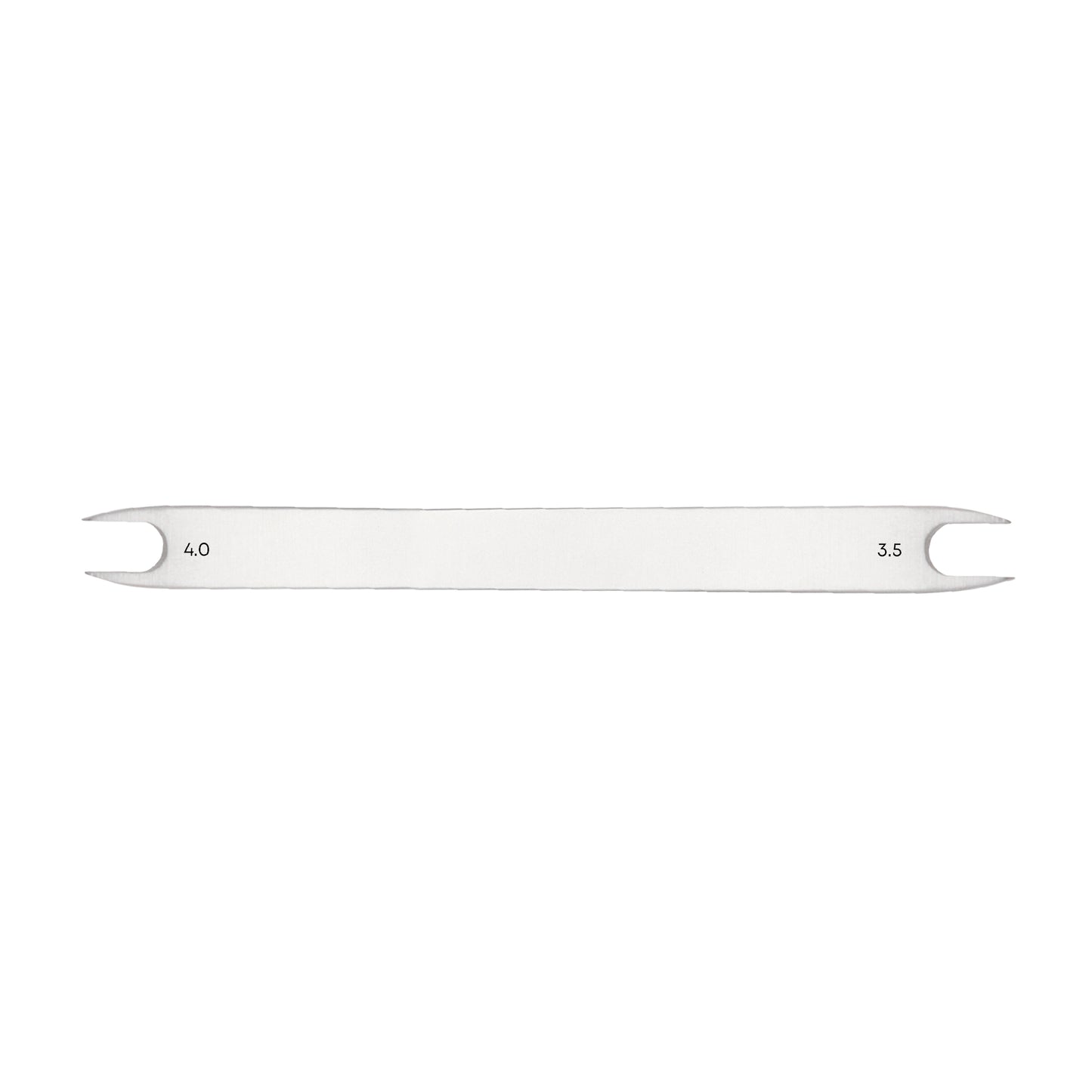 Dual-sided silver metallic bicycle spoke wrench flat tool showing 4.0mm and 3.5mm size markings on a solid white background.
