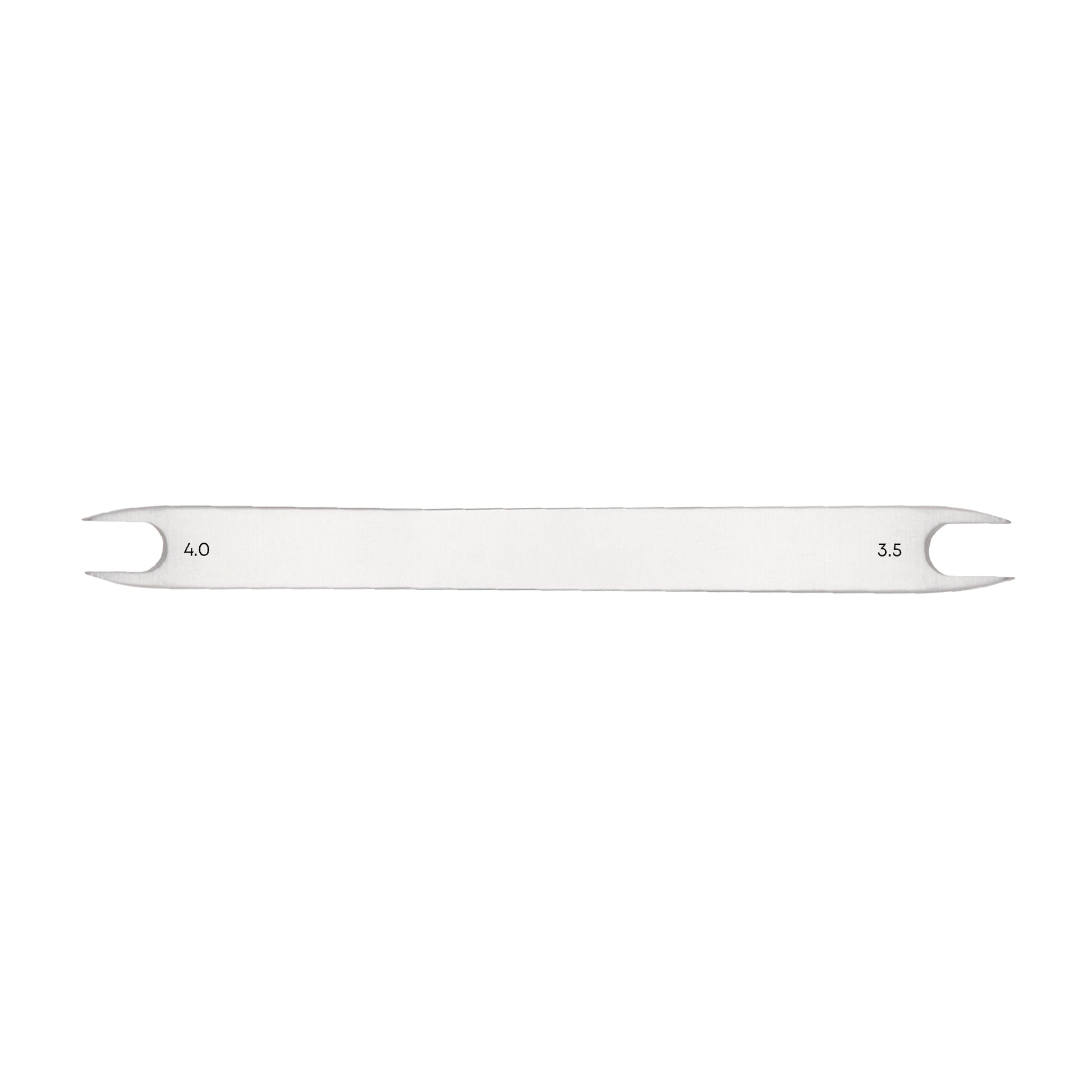 Dual-sided silver metallic bicycle spoke wrench flat tool showing 4.0mm and 3.5mm size markings on a solid white background.