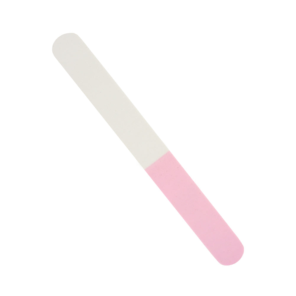 Dual-sided pink and white nail buffer block board for smoothing and polishing natural nails.