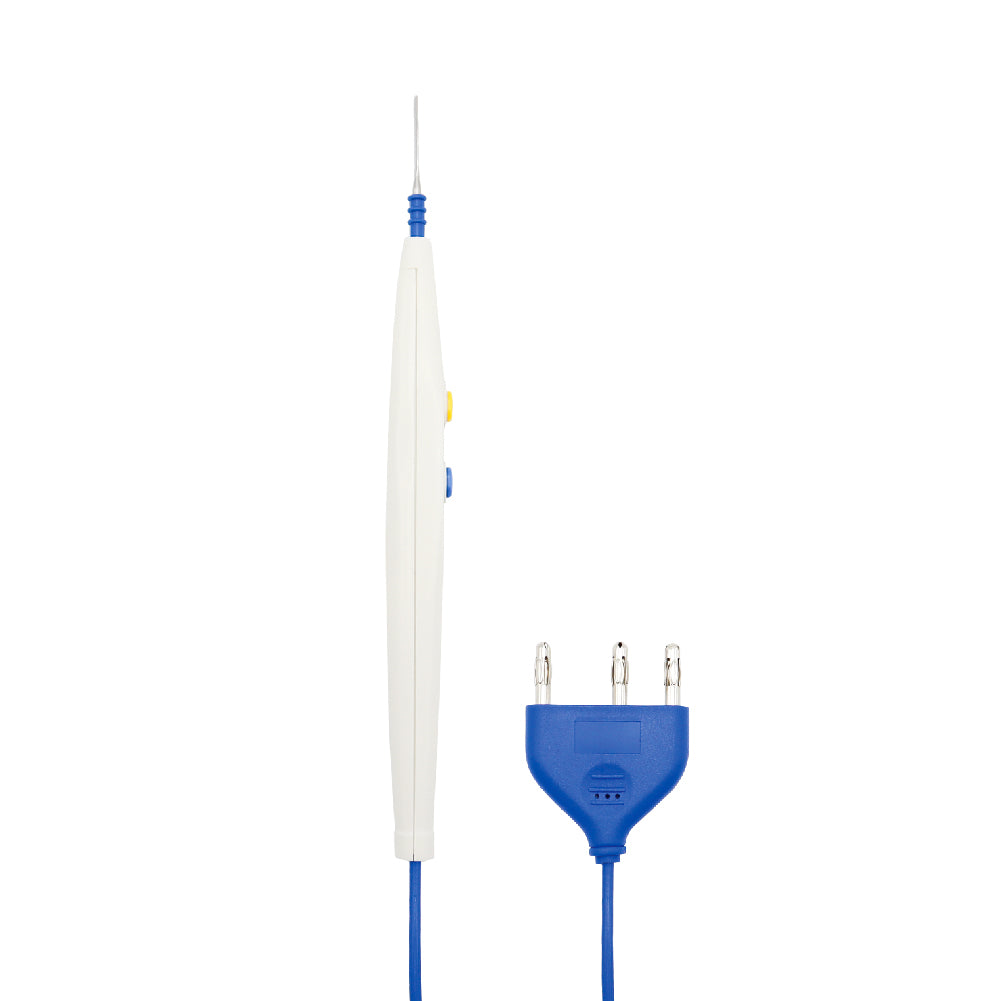A white electrosurgical pencil with yellow and blue control buttons and its attached blue 3-pin standard connector.