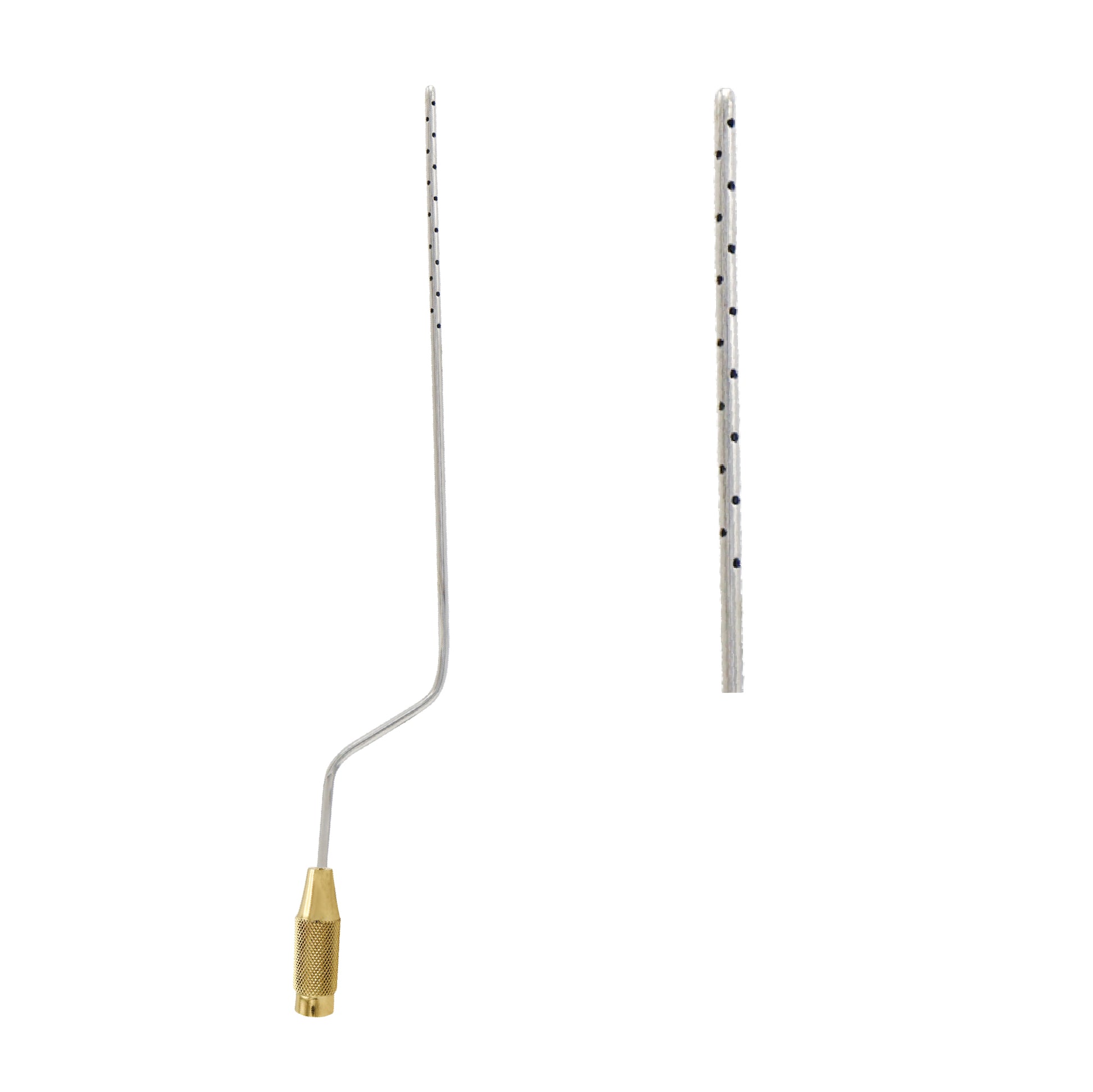 A professional ENTNER bayonet-shaped liposuction cannula with a threaded gold-colored connector and a 22-hole aspiration tip.